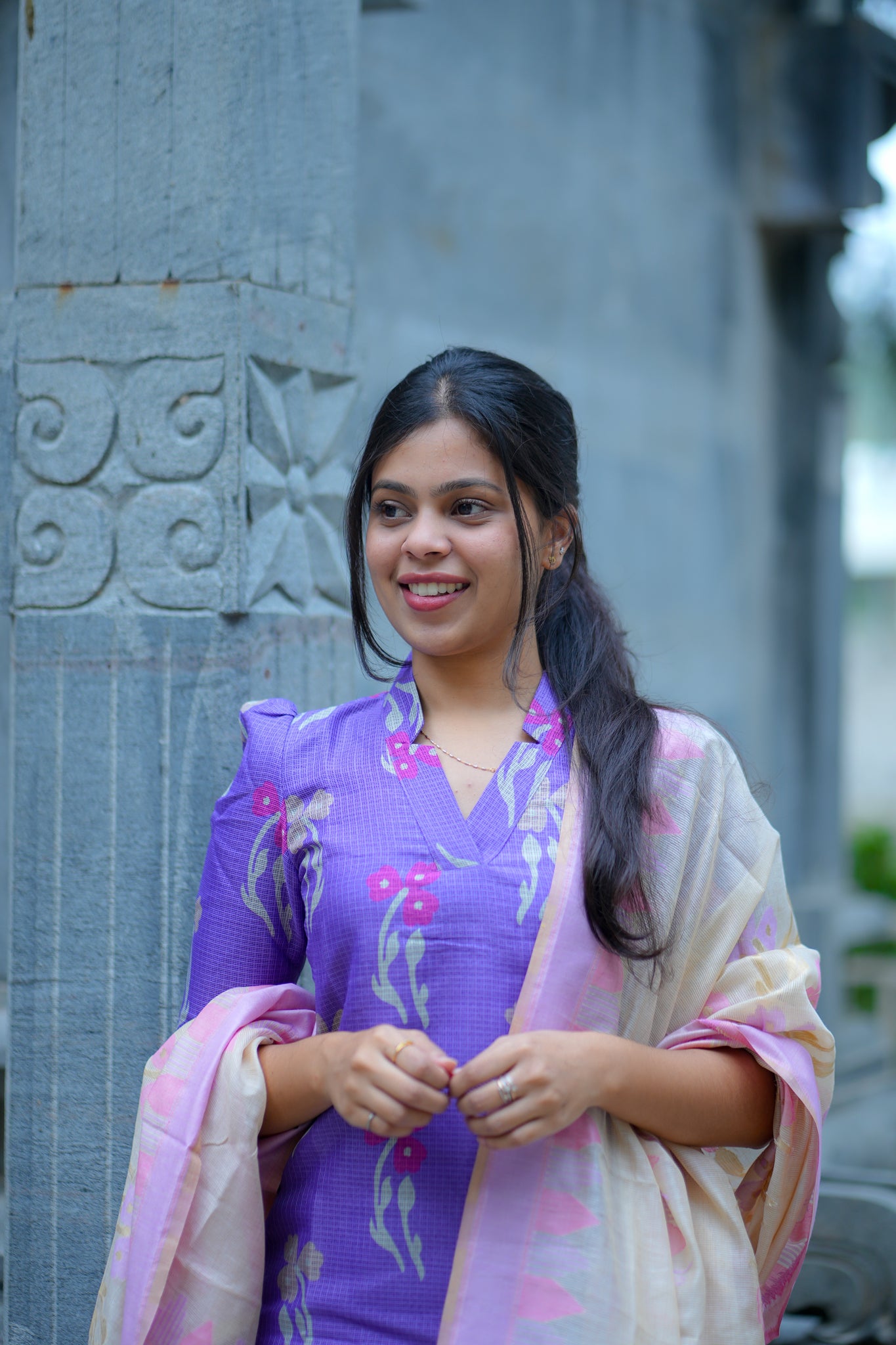 AA123 Lavender Kota Kurti with Lilac & Pink Jacquard Silk Dupatta