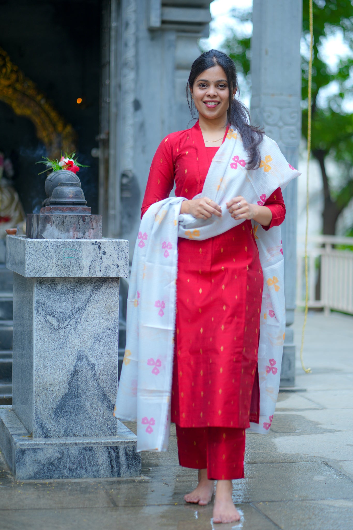 AA120 Cherry Red Raw Silk Kurti & Pant with Kota Dupatta (3 pc Set)
