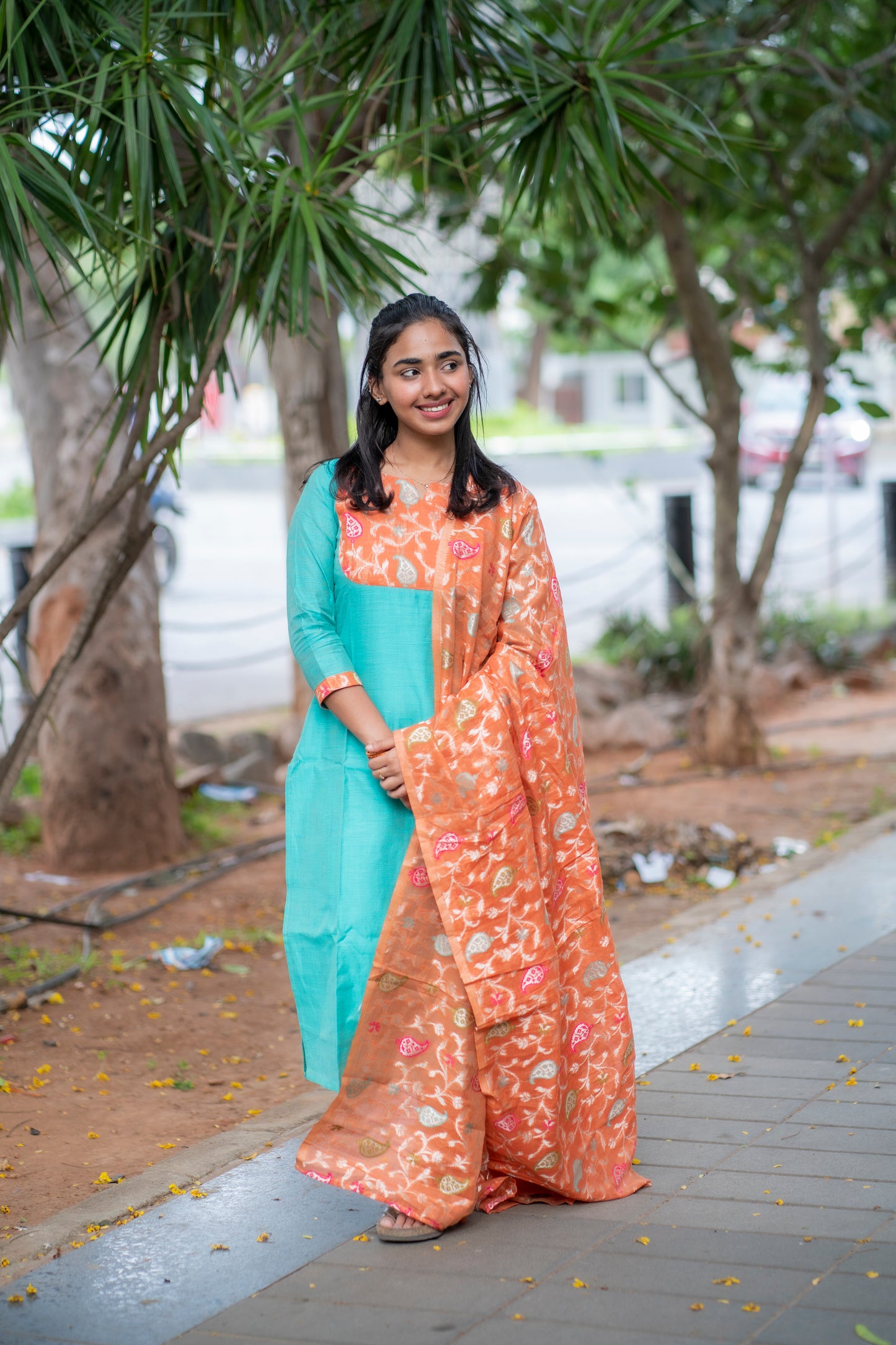 AA097 Blue Raw silk Kurti with Orange Jacquard Dupatta