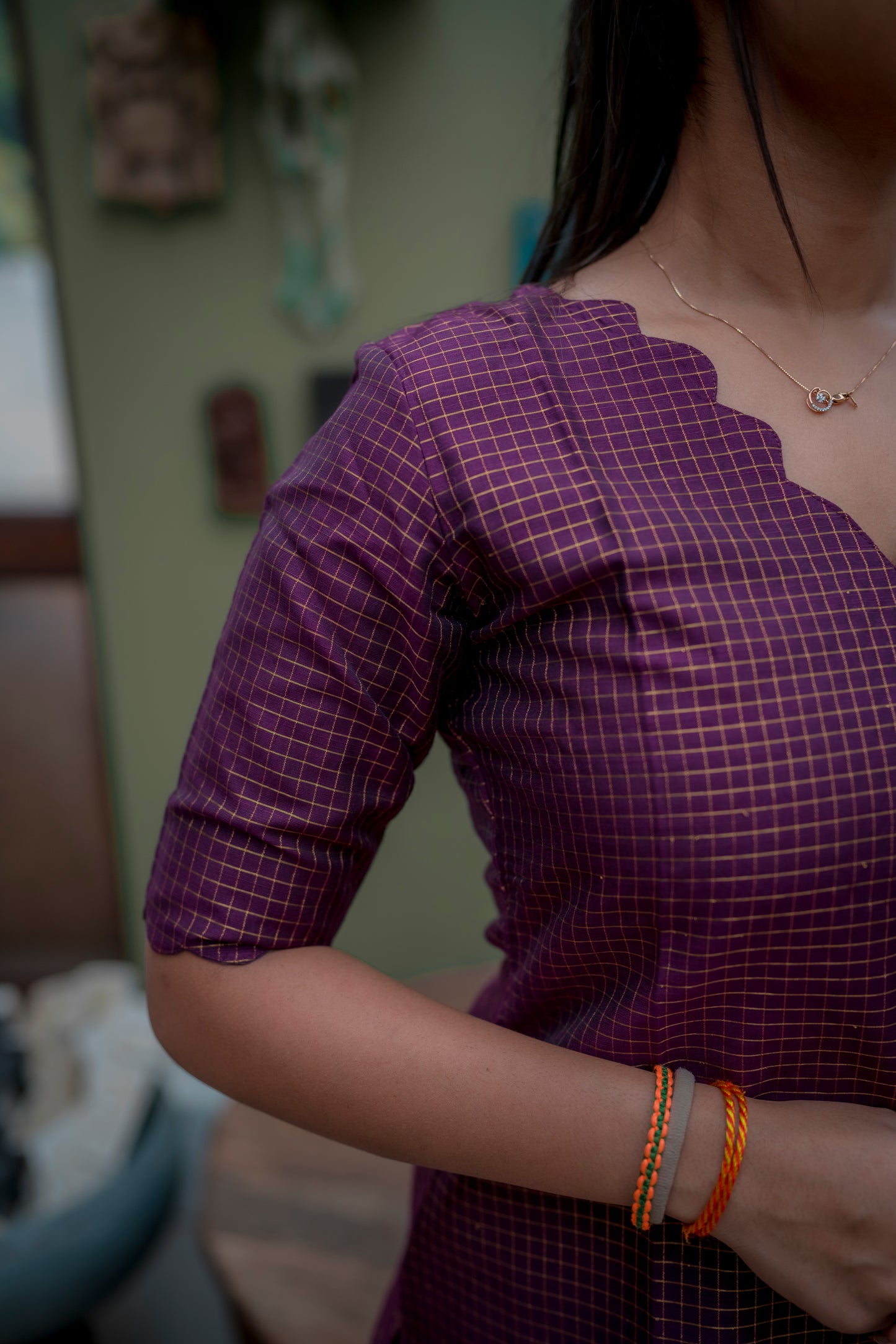 AA074 Wine Checks Raw Silk Kurti with Tissue Silk Dupatta