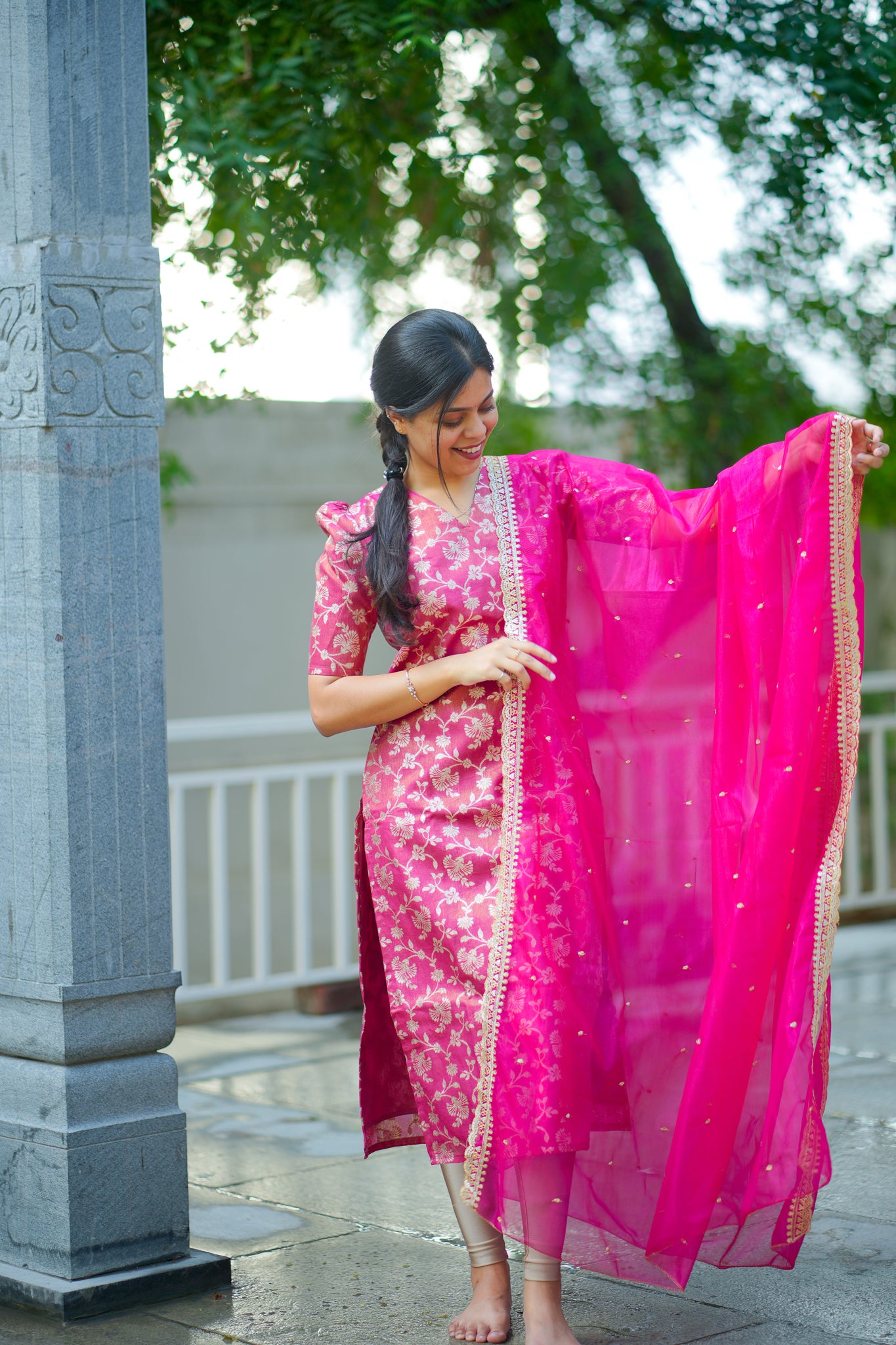 AA106 Hot Pink Tissue Brocade  Silk kurti with Designer Organza  Dupatta