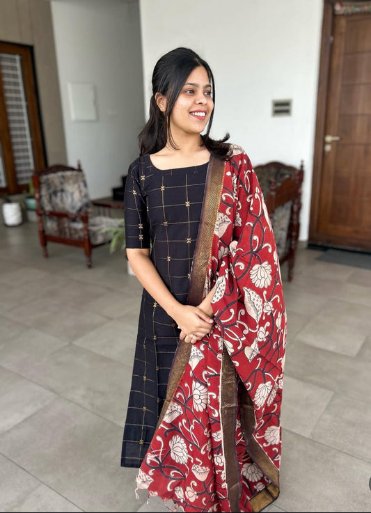 Black Raw Silk Kurti With Pure kalamkari Dupatta