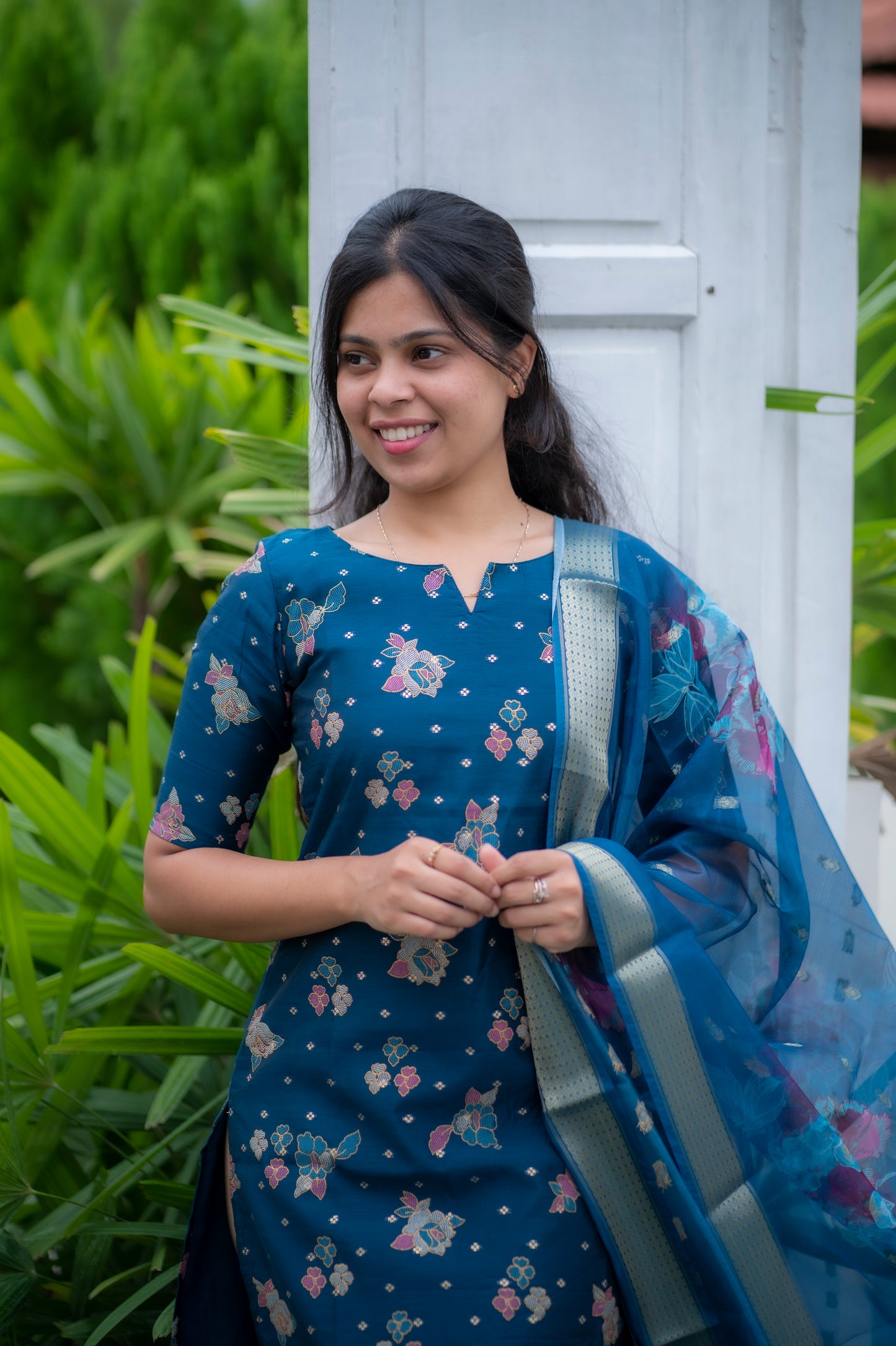 AA063 Chanderi Silk Peacock Blue Kurti with Organza Dupatta