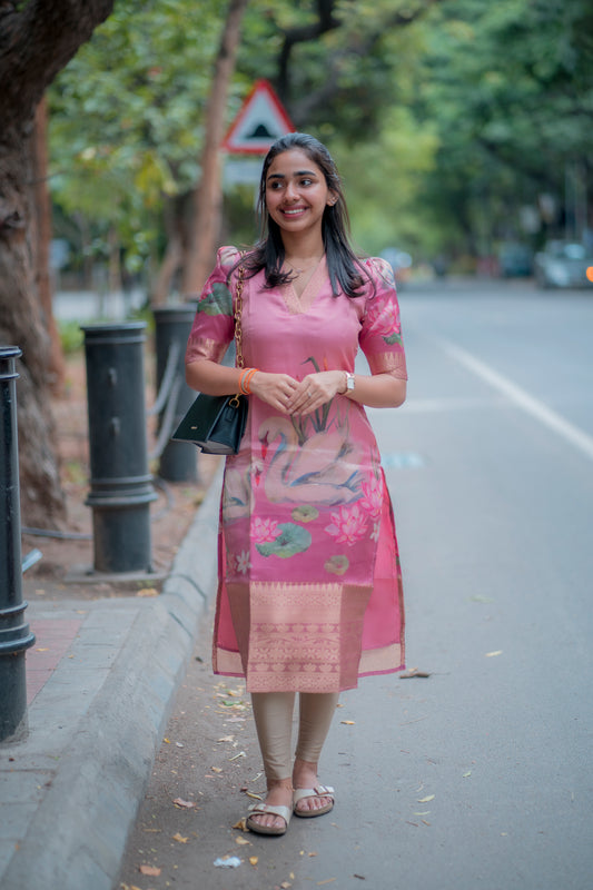 AA075 Pink Swan Tissue Silk Kurti