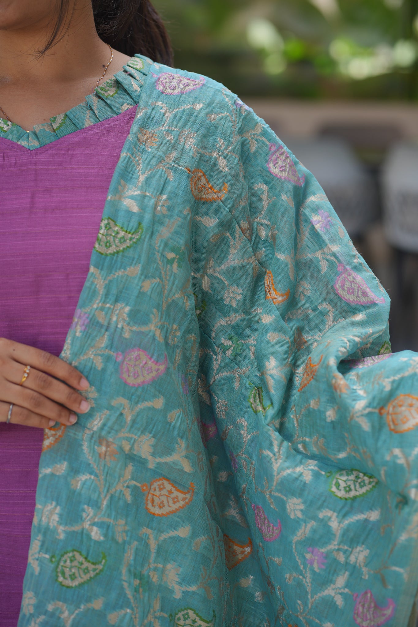 AA111 Lavender Raw Silk Kurti With Blue Jacquard Dupatta