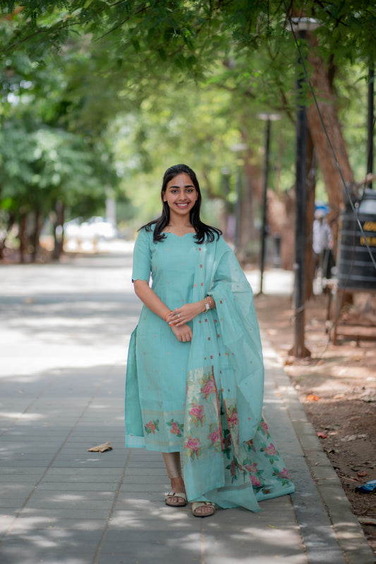 AA081 Blue Floral Jamdani Silk Kurti with Dupatta