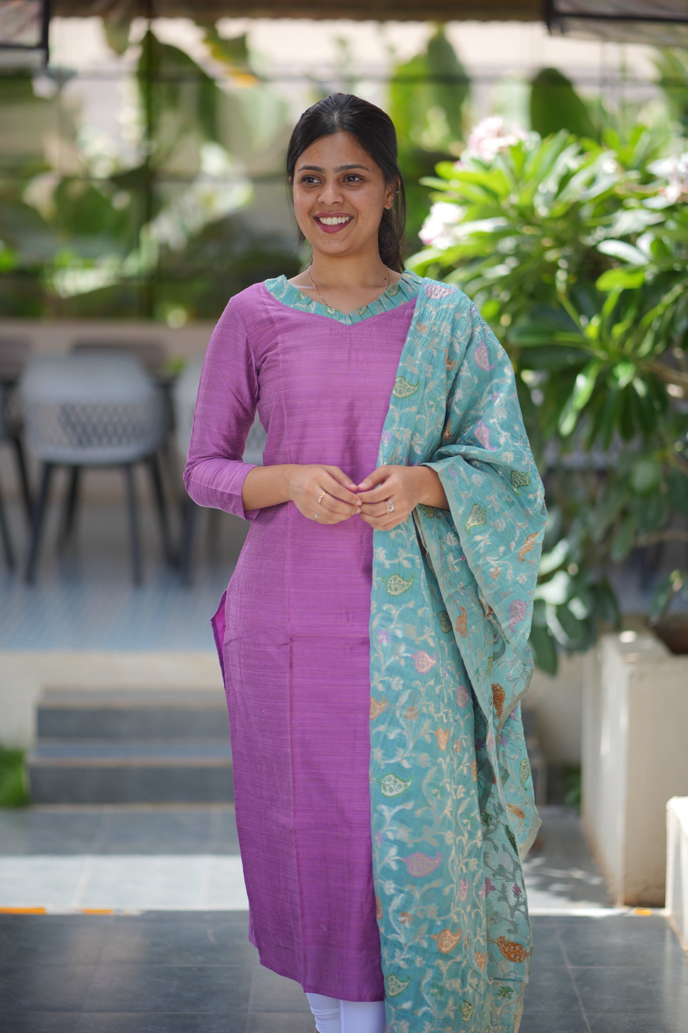 AA111 Lavender Raw Silk Kurti With Blue Jacquard Dupatta