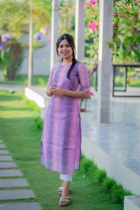 AA040 Lavender cotton zari lines kurti with lining
