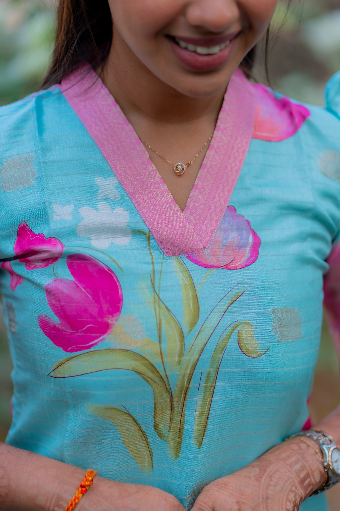 AA196 Blue with Pink Combo Floral Checks Silk Kurti