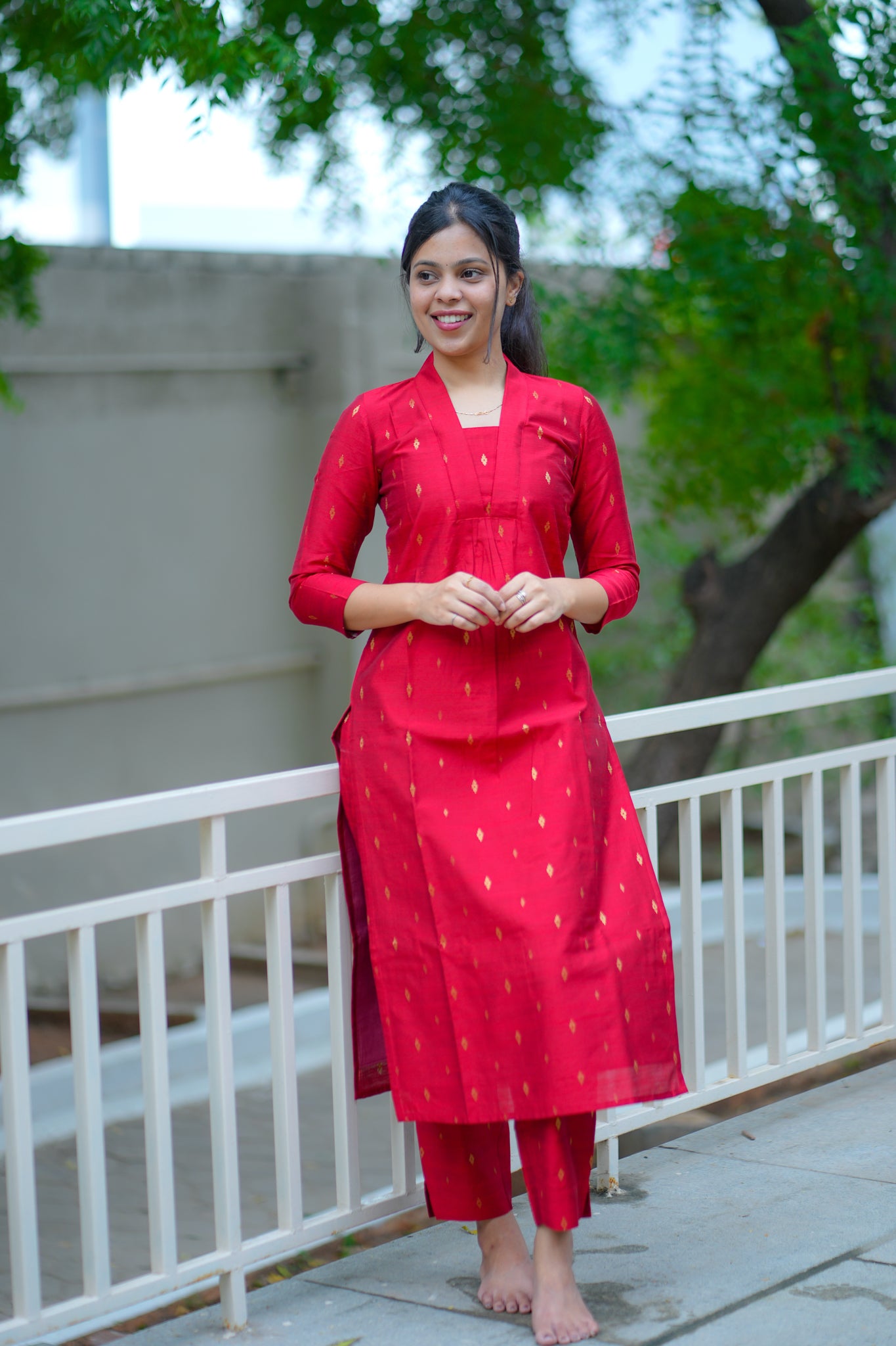 AA120 Cherry Red Raw Silk Kurti & Pant with Kota Dupatta (3 pc Set)
