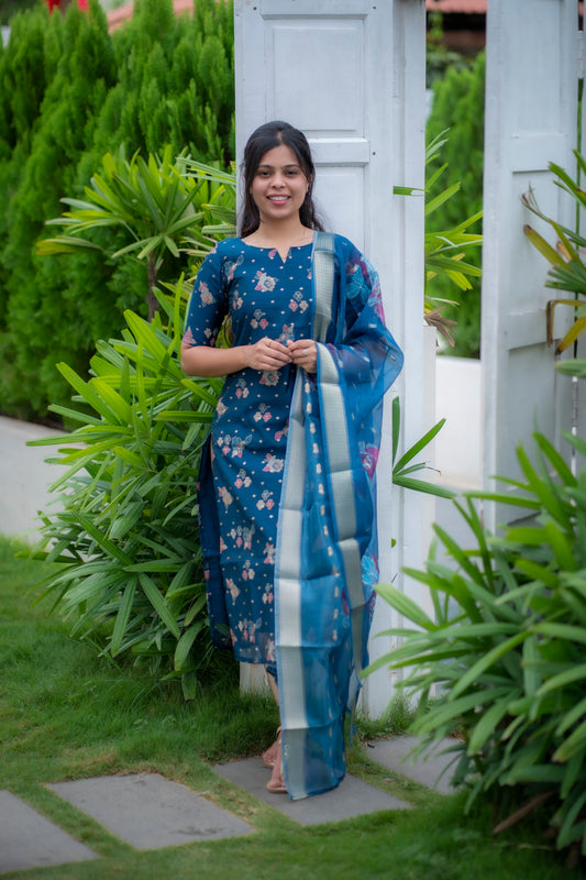 AA063 Chanderi Silk Peacock Blue Kurti with Organza Dupatta