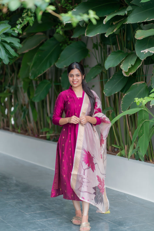 AA052 Magenta Pink Silk Kurti with Organza Dupatta (Function Wear)