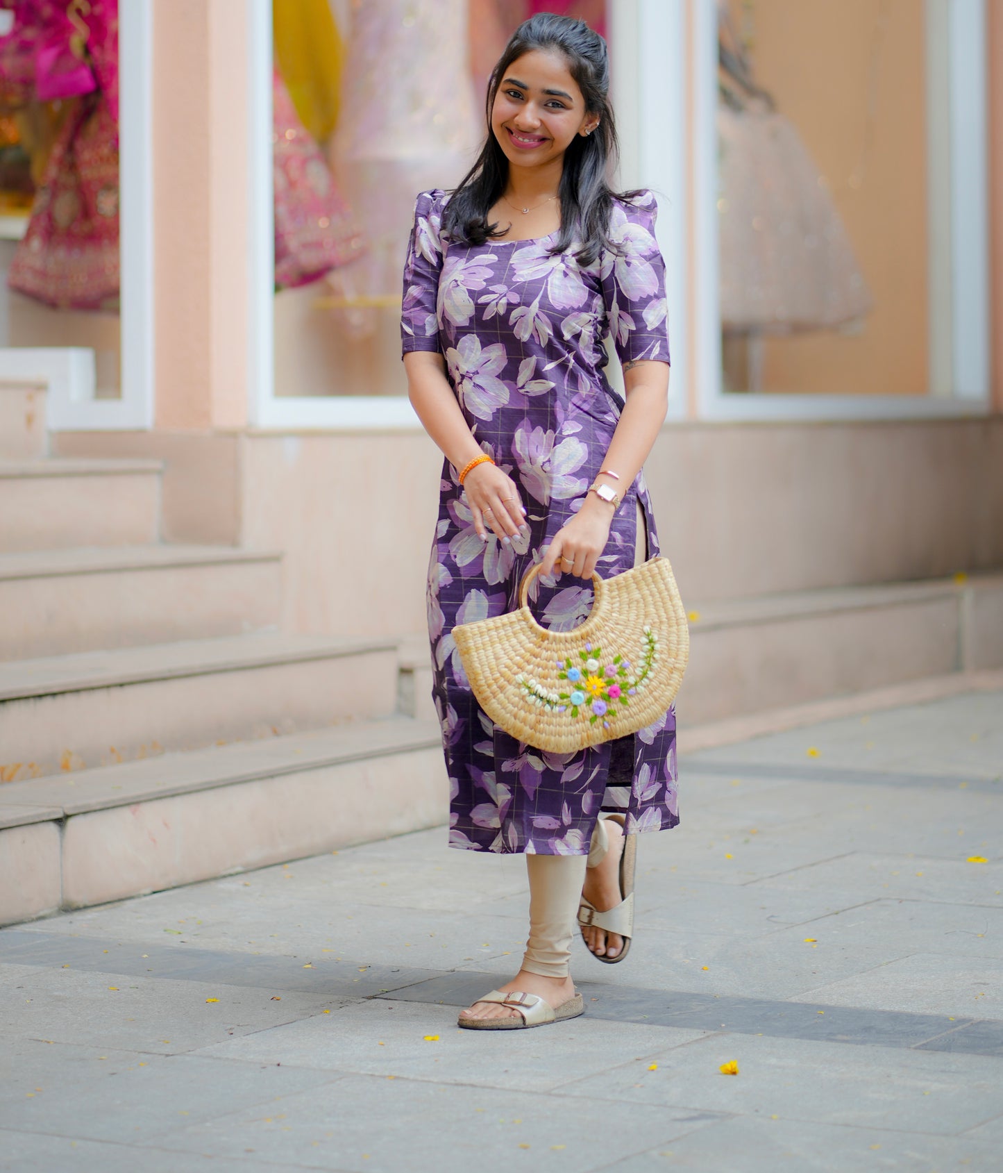 AA086 Purple Checks Floral Kurti