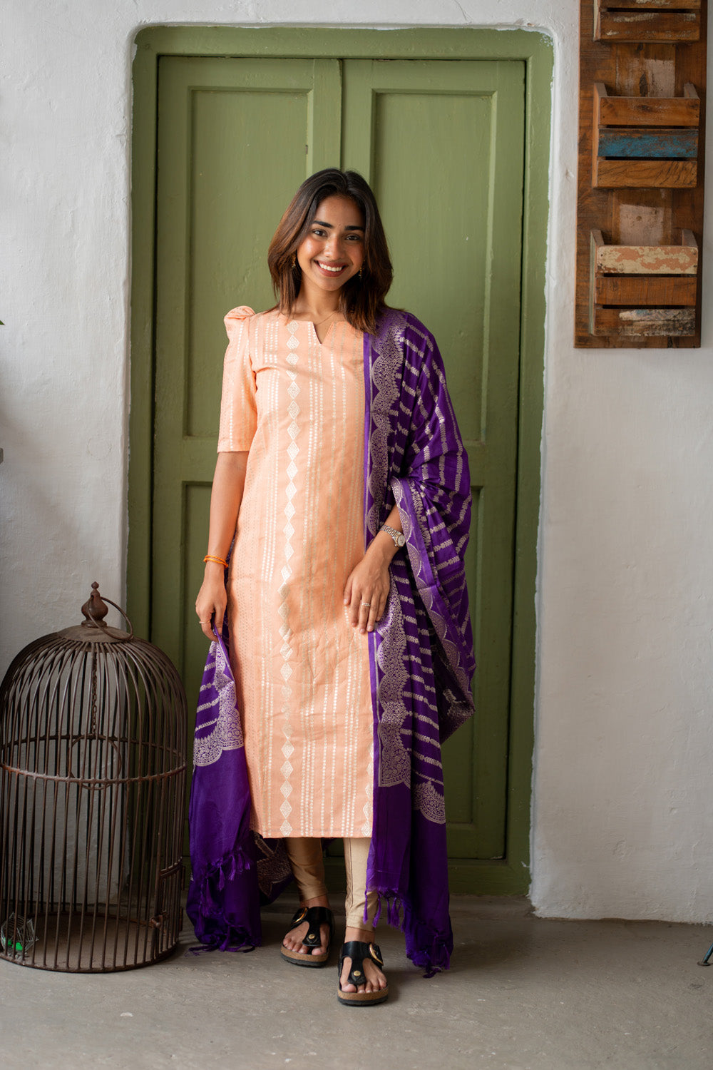Peach Chanderi Diamond Stripes & Butta Kurti with Violet Banarasi Jacquard Dupatta