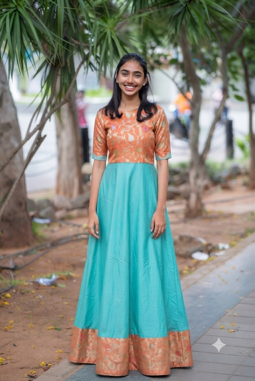 Orange Jacquard Silk with Blue Silk Cotton Maxi