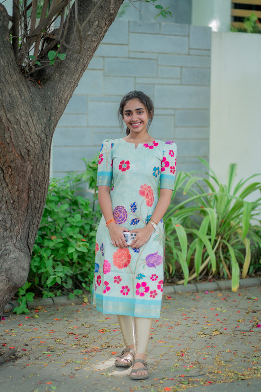 Blue Tussar Silk Floral Kurti