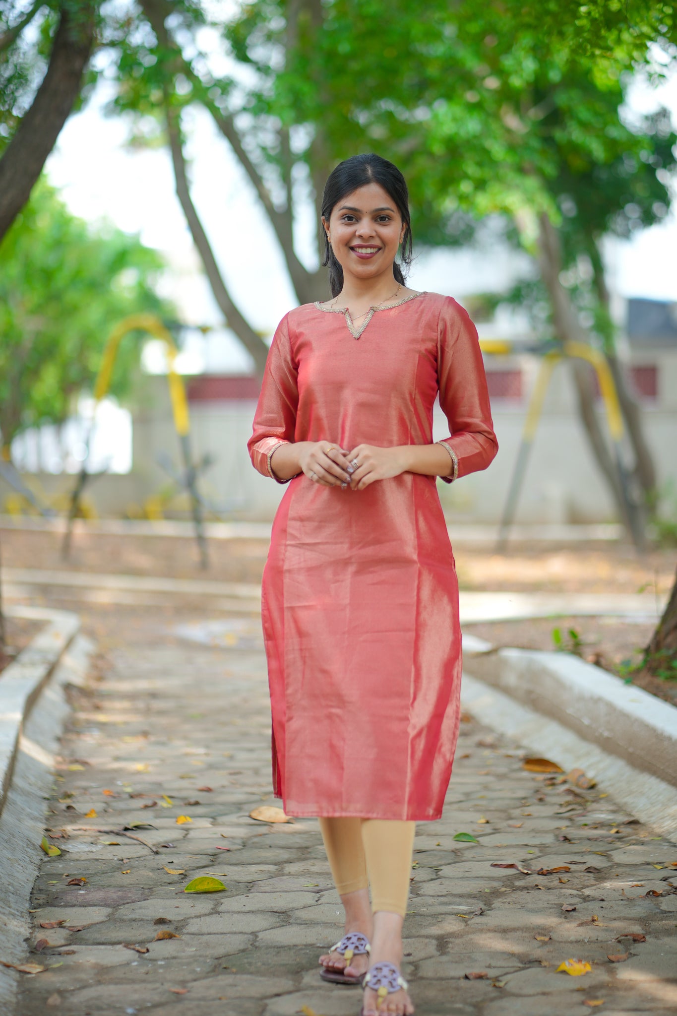 AA124 Rust Red Tissue Silk kurti with Brocade Silk Dupatta