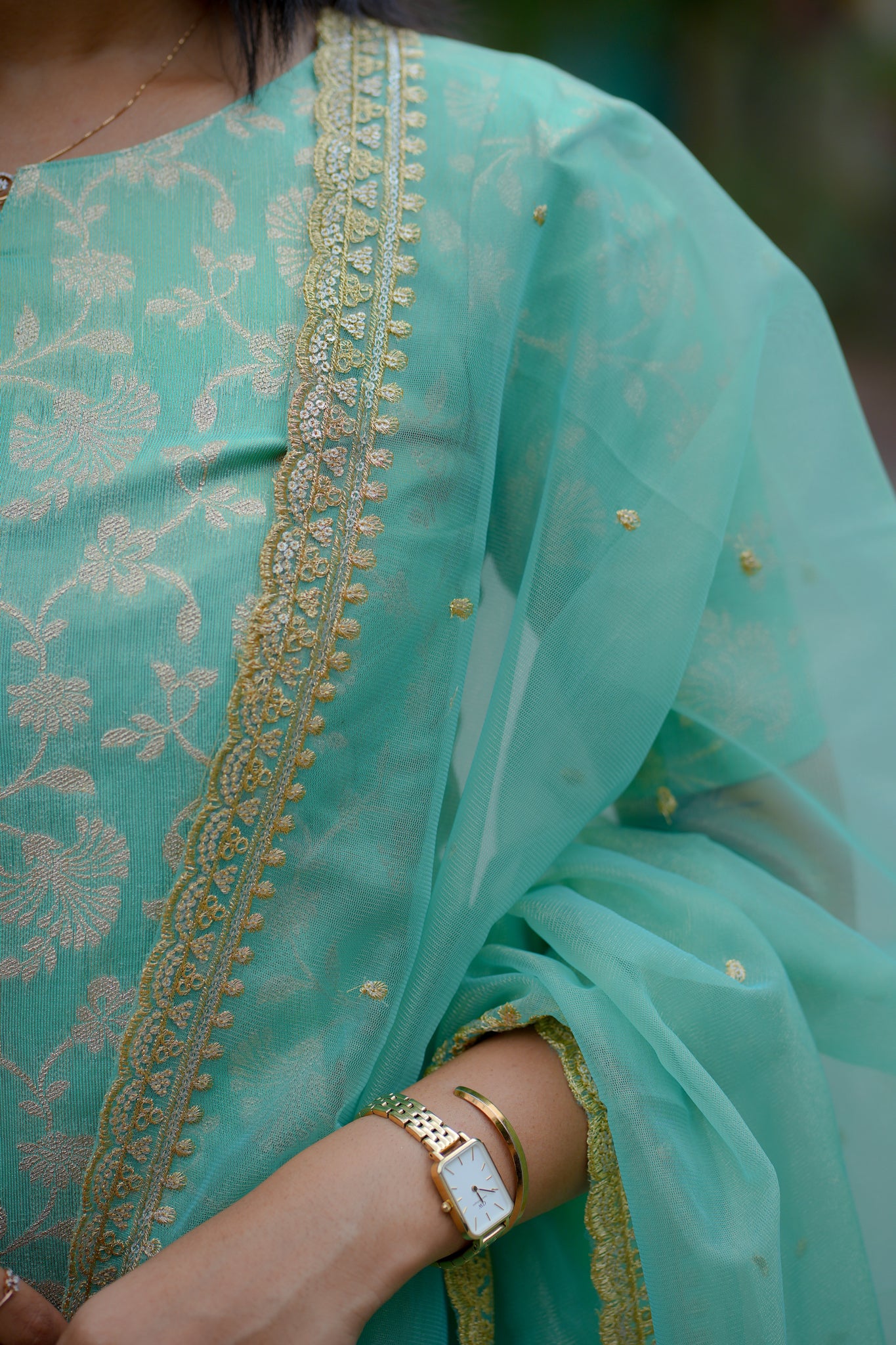 AA119 Turquoise Blue Brocade Silk 3 PC Set