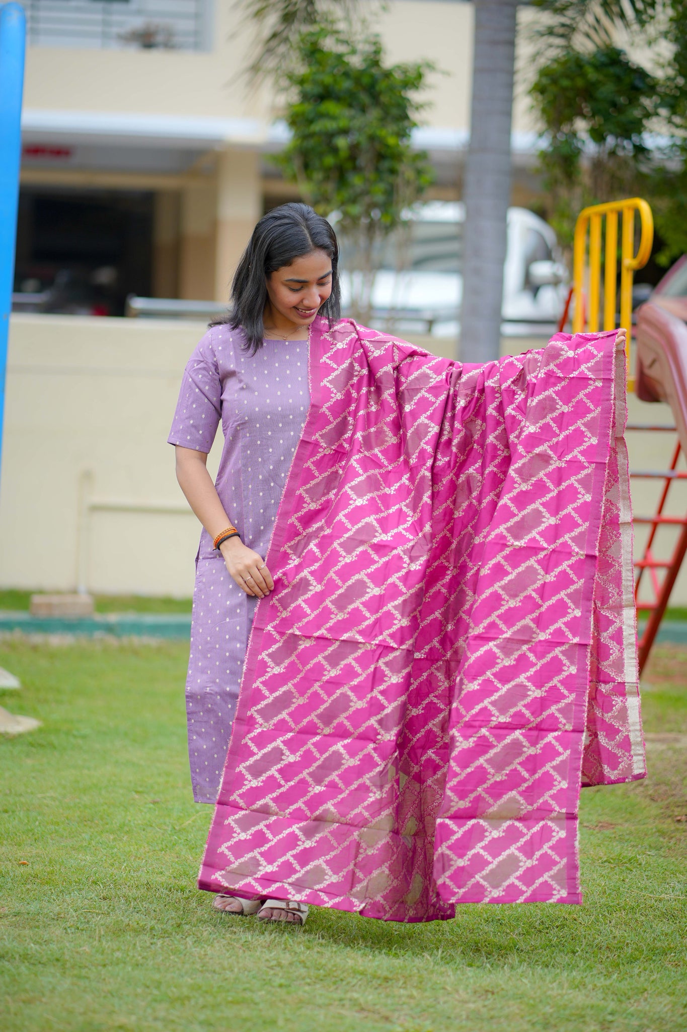AA112 Lavender Raw Silk Kurti with Pink Brocade Dupatta