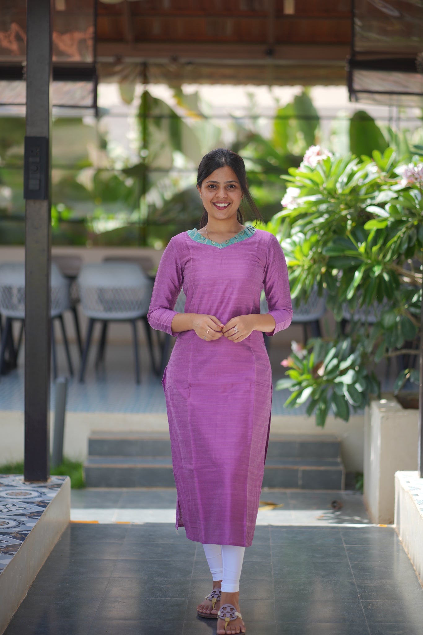 AA111 Lavender Raw Silk Kurti With Blue Jacquard Dupatta