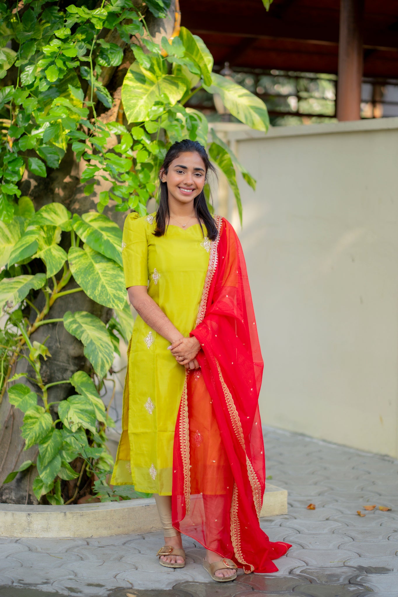 AA195 Parrot Green Glassy Organza Designer Kurti with Red Designer Dupatta