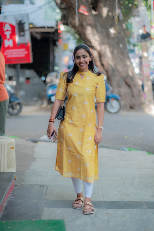 AA093 Yellow Mul Chanderi Silk Kurti