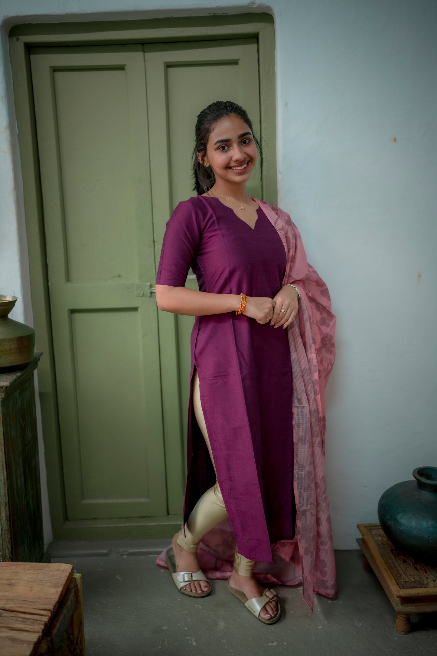 AA076 Magenta Purple Raw Silk Kurti with Kota Dupatta