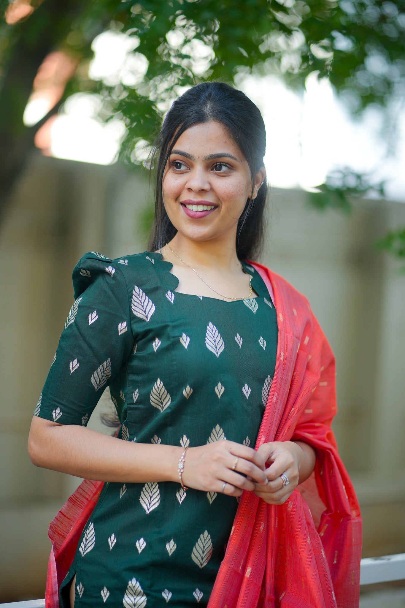 AA110 Bottle green Jacquard Silk Kurti with Red Orange Dupatta