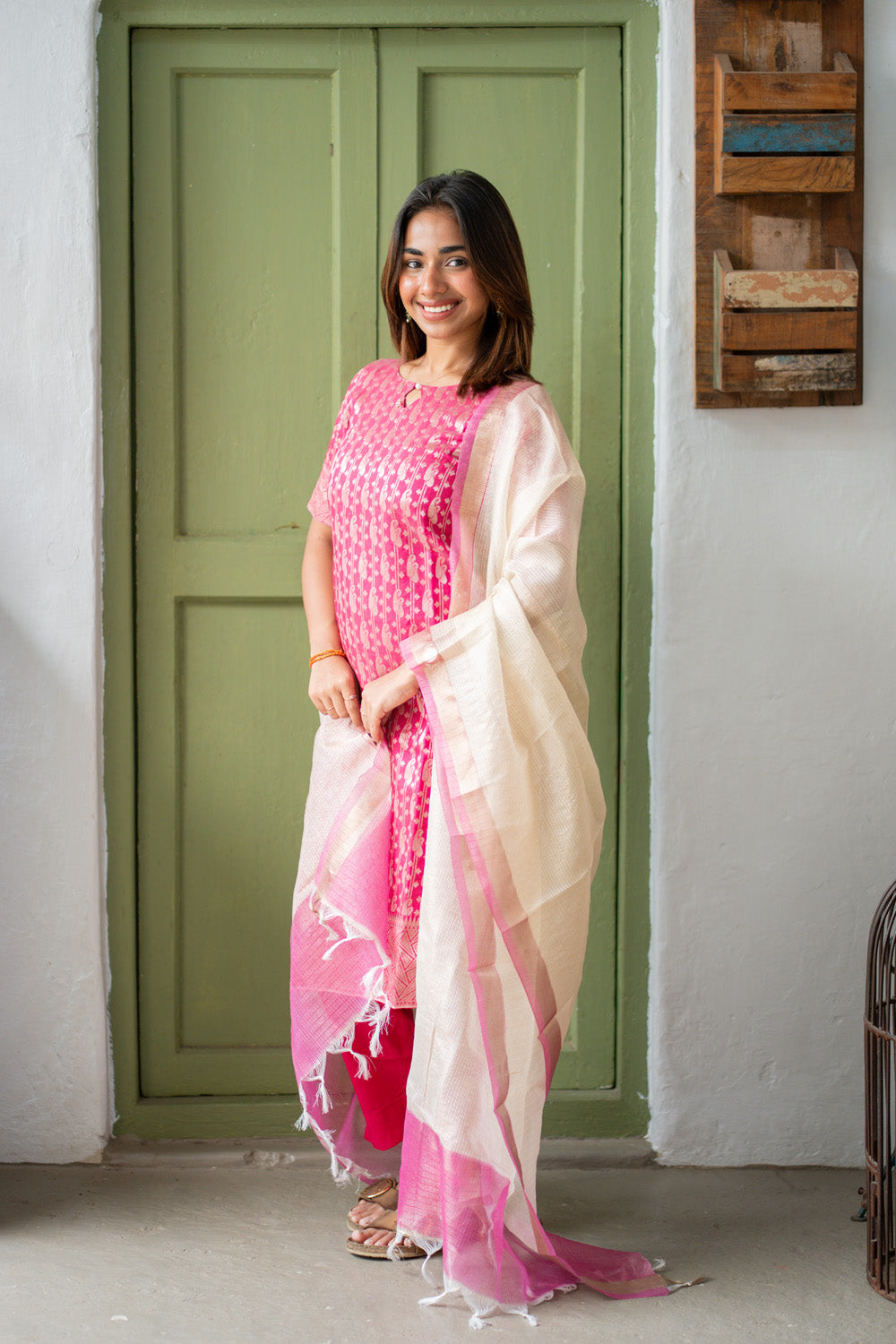 AA306 Pink Banarasi Silk Salwar Set With Beautiful Border & White Kota Dupatta with Pink Border