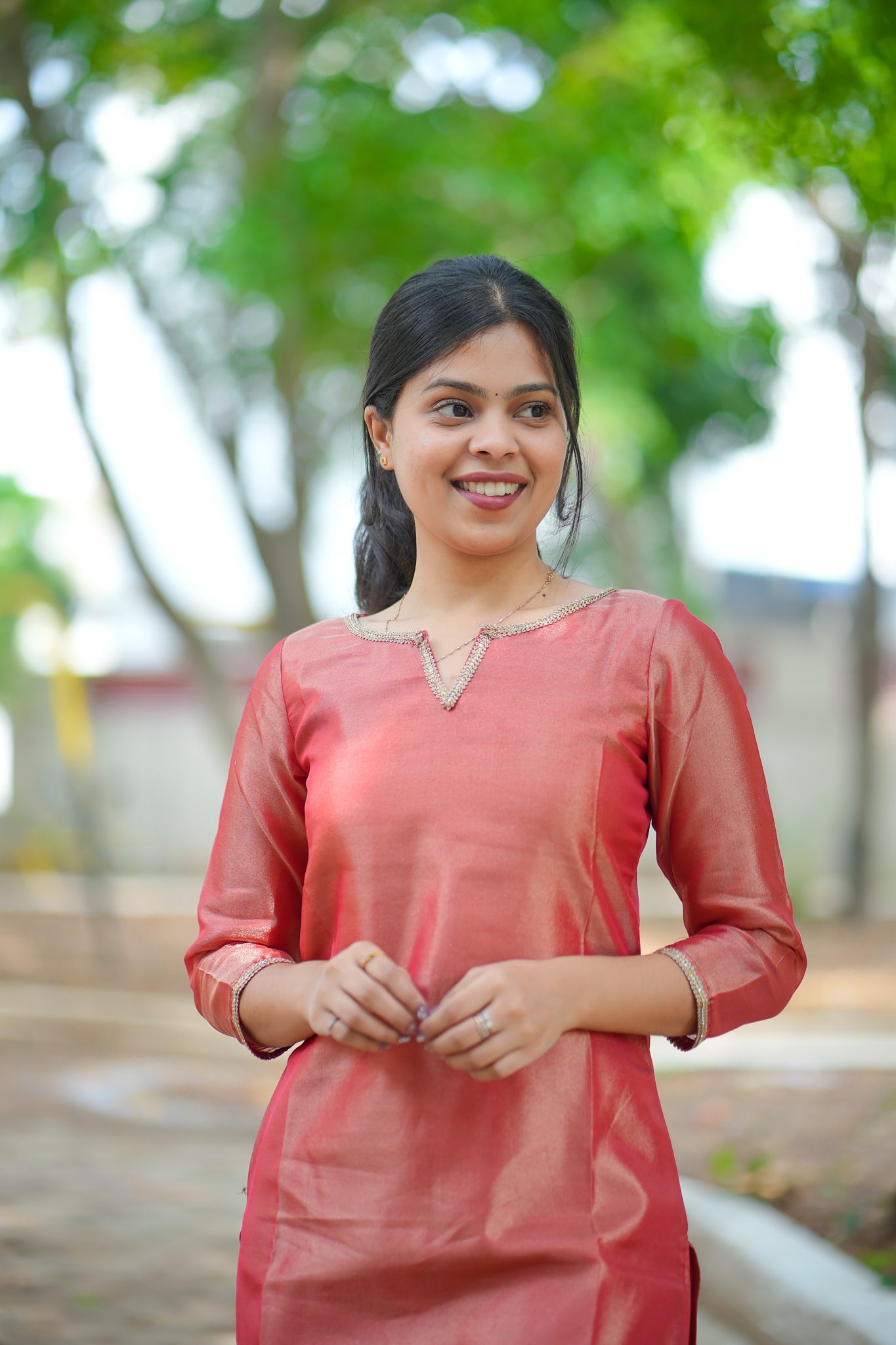 AA124 Rust Red Tissue Silk kurti with Brocade Silk Dupatta