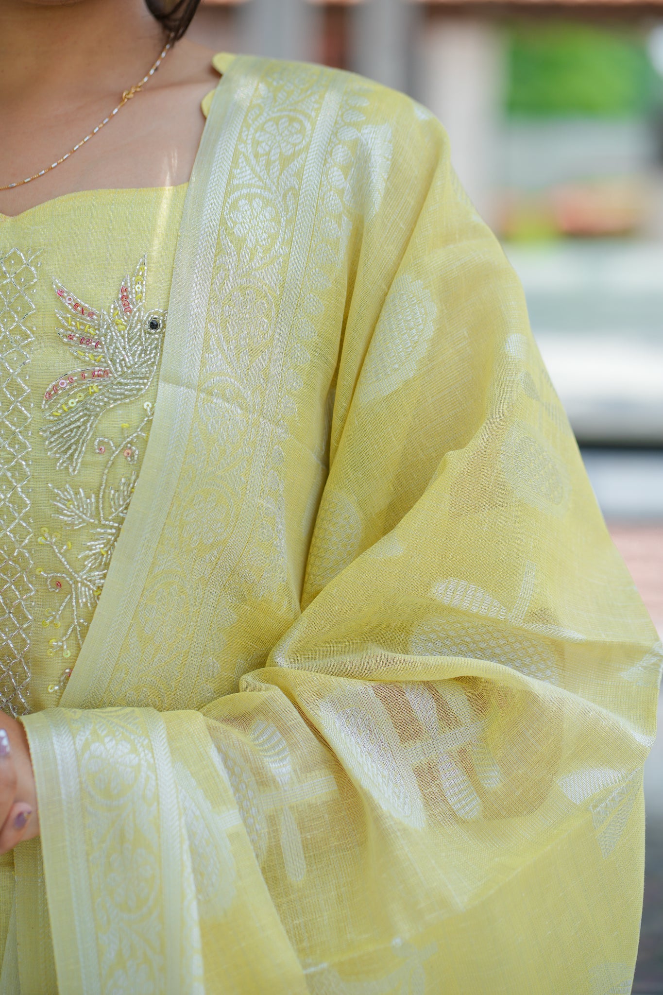 AA127 Pastel Yellow with pink combo Bead Work Tissue Silk 3 Pc Set