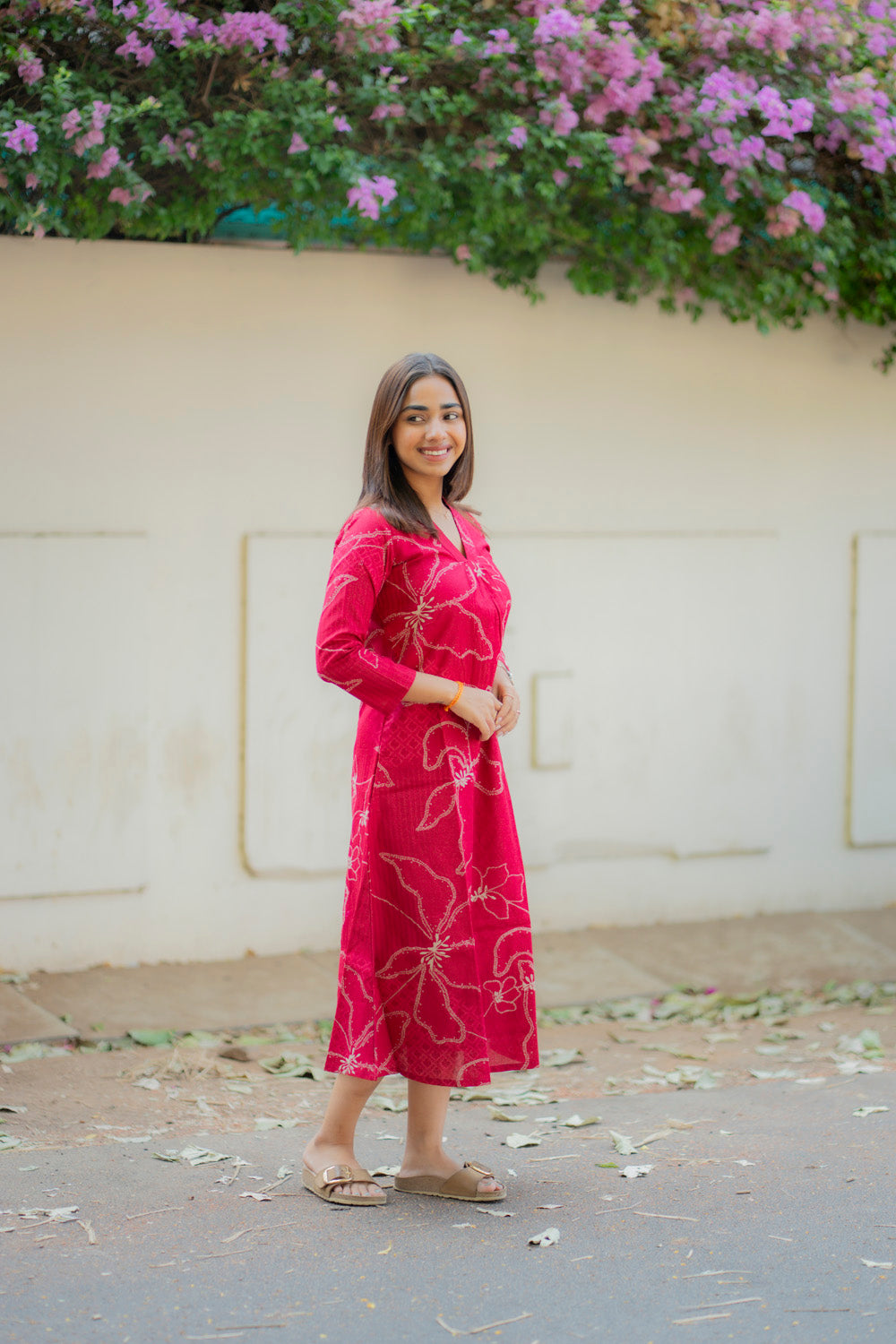 AA233 Raspberry Bandhani Floral print Flex Cotton Aline Kurti