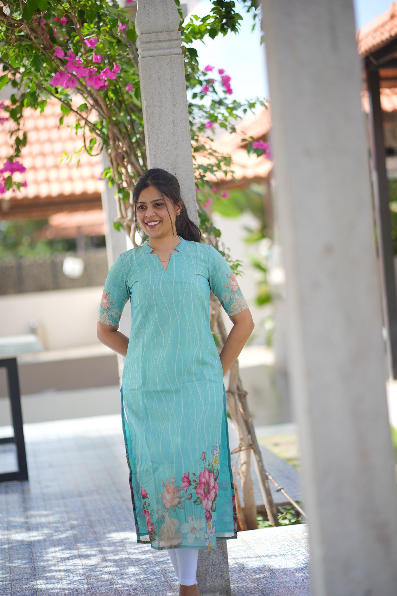 AA113 Blue Lines Tissue Silk Kurti with Dupatta