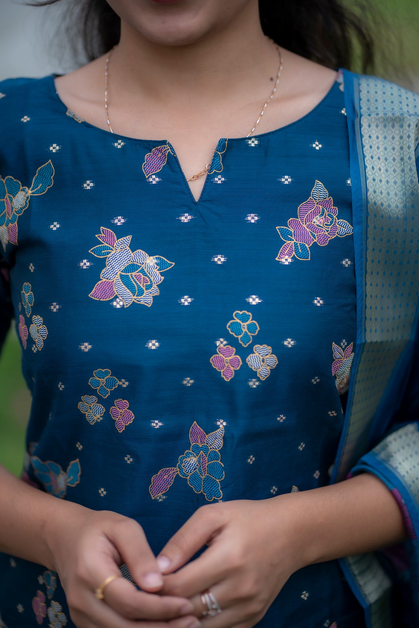 AA063 Chanderi Silk Peacock Blue Kurti with Organza Dupatta