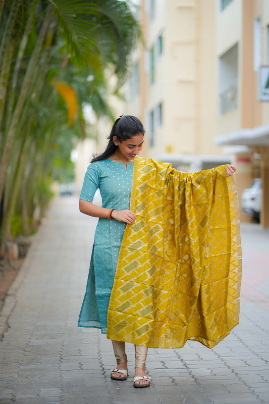 AA118 Blue Raw Silk Kurti With Mustard Brocade Dupatta