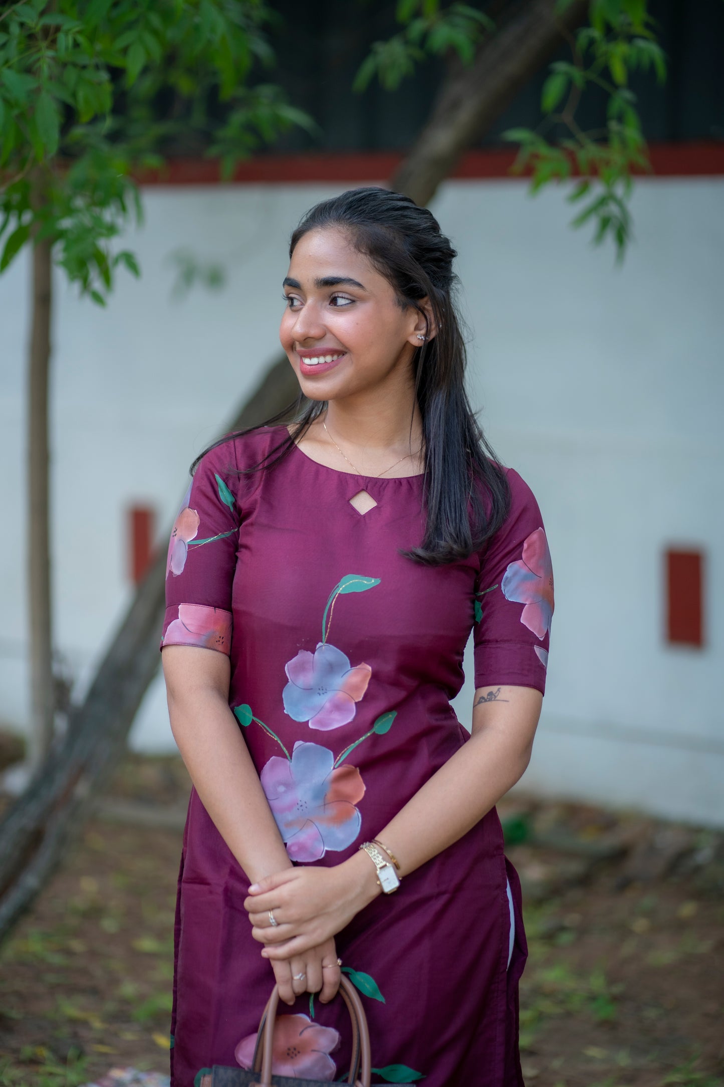 AA102 Plum Floral Organza Kurti