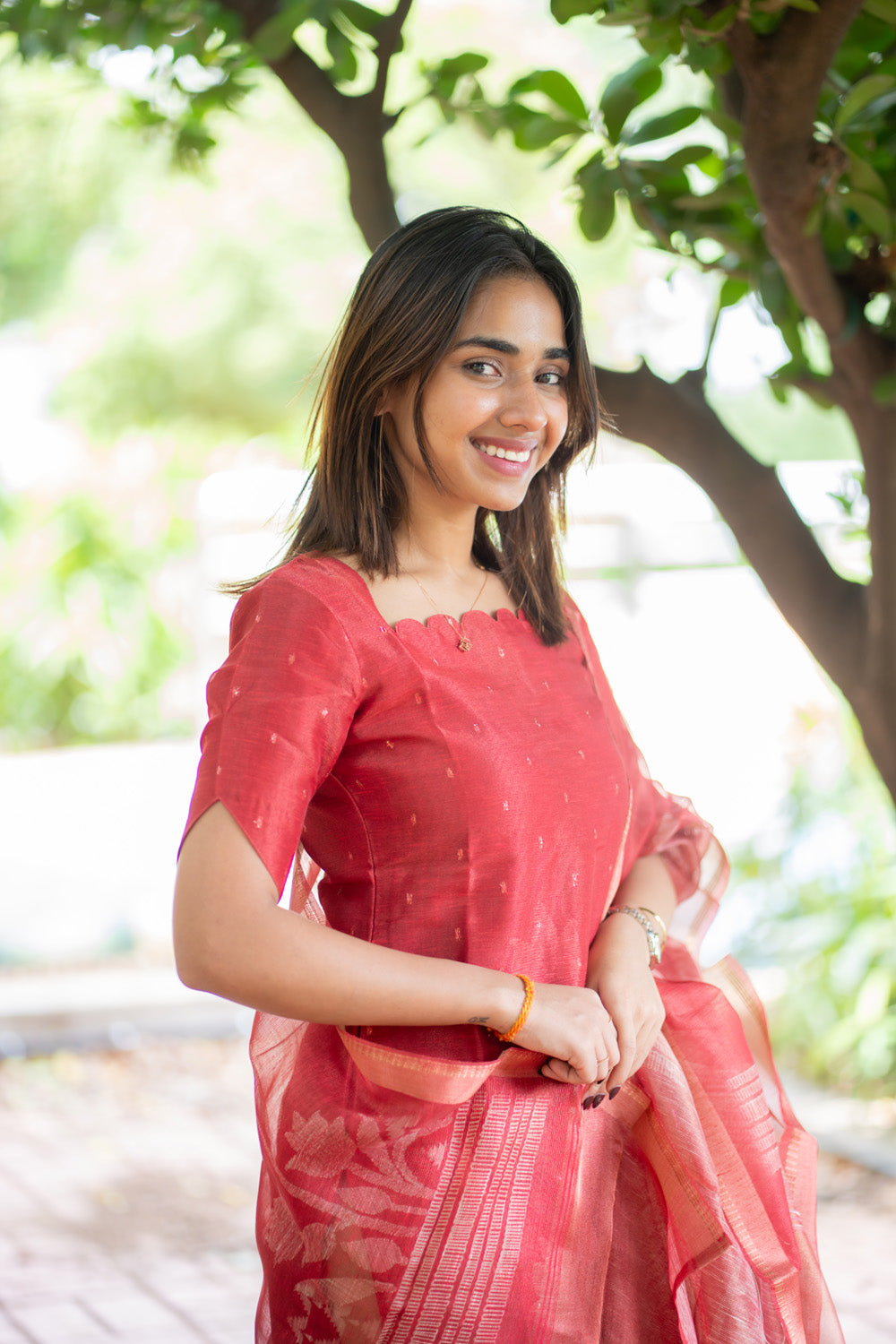 AA296 Red Chanderi Tissue Silk With Golden Motifs Kurti with Dupatta
