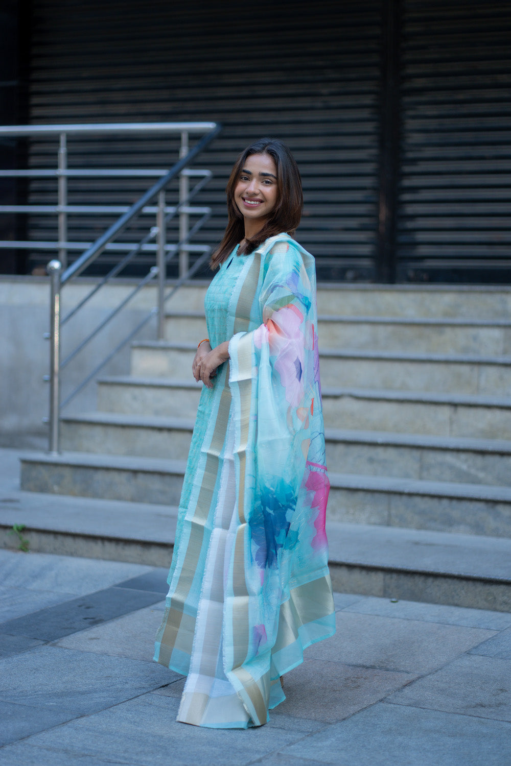 AA262 Blue Checks Digital Silk Salwar