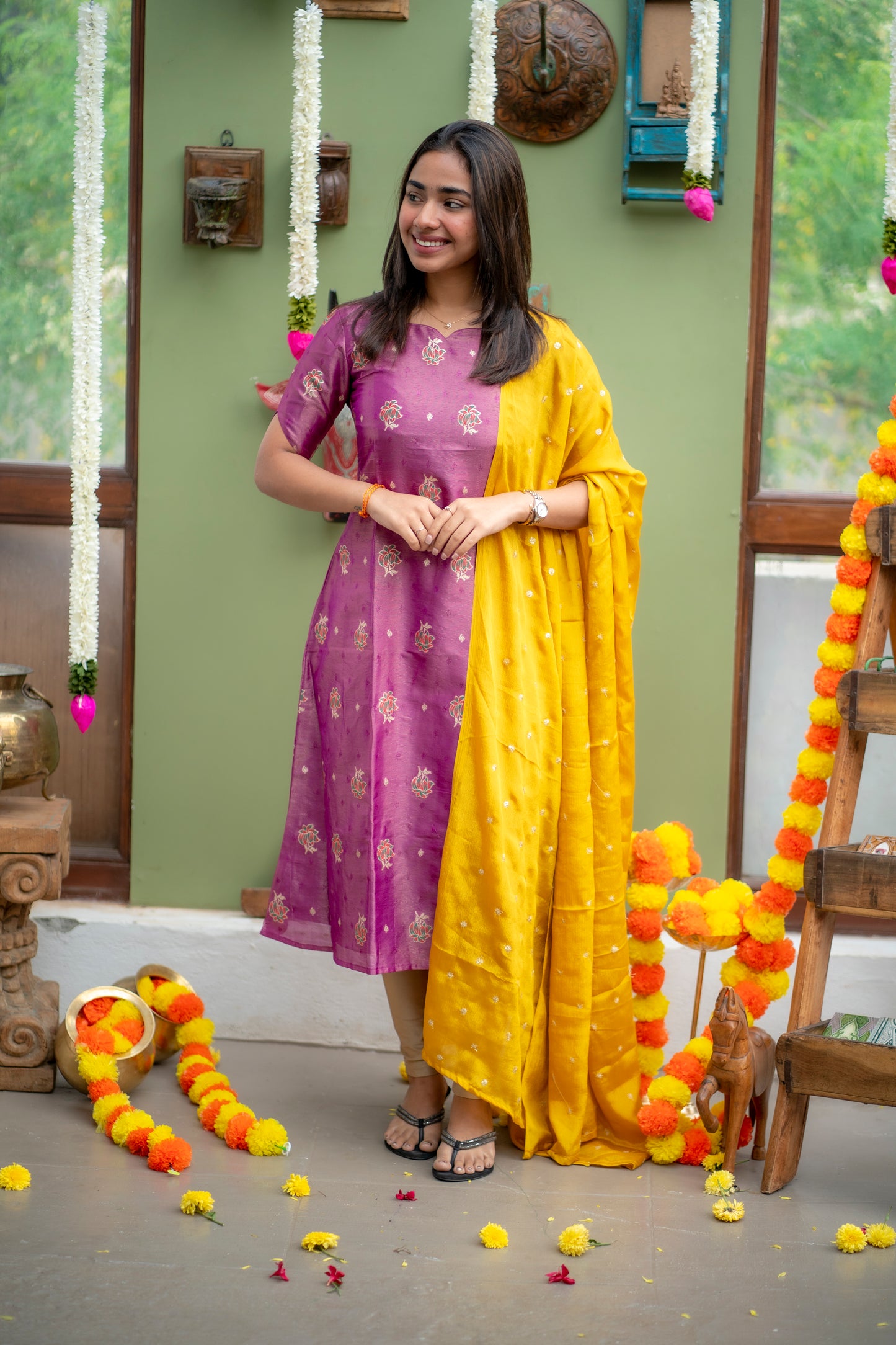 AA153 Lavender Shimmer Silk A line Kurti with Yellow Golden Motifs Dupatta
