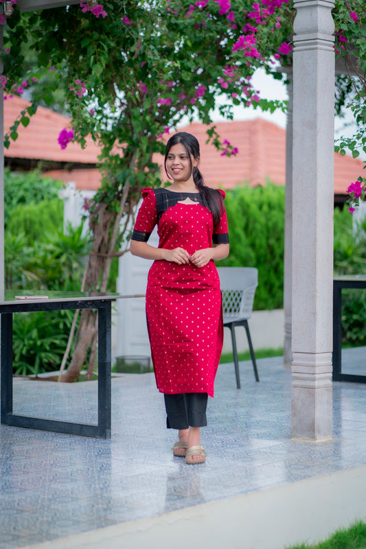 AA053 Cherry Red With Black Combo Silk Kurti