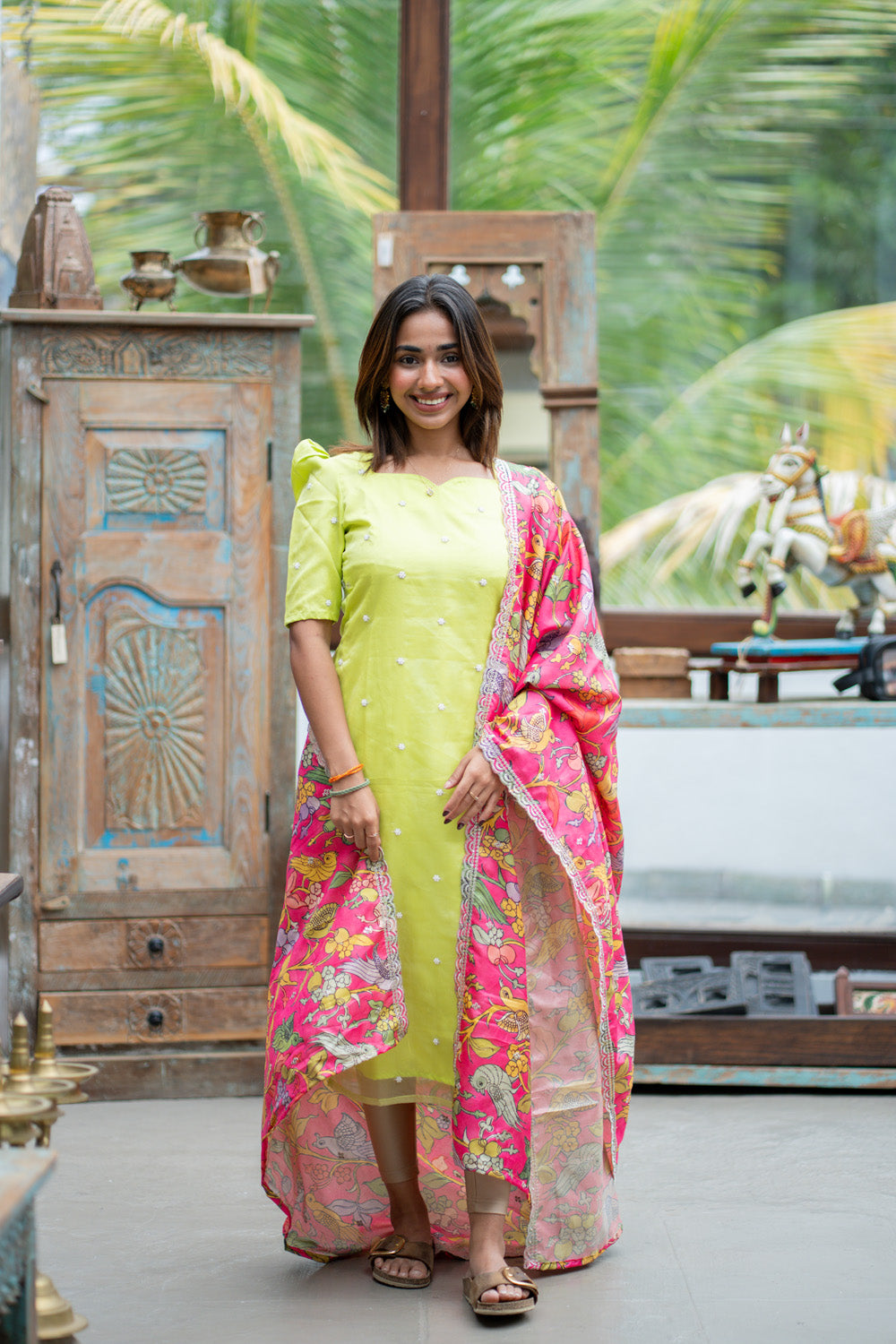 AA299 Gulabi Kalamkari Silk set (Pistachio Beads work Organza Kurti with Kalamkari Silk Dupatta with Scallop at the edges)