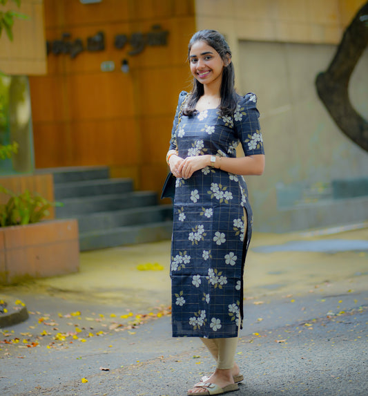 AA085 Black Checks Floral Tussar Silk Kurti