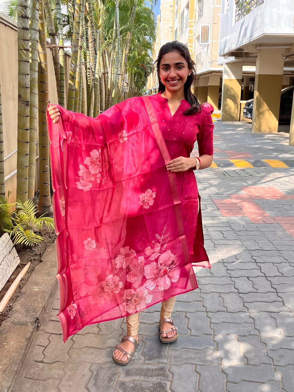 Rani Pink Organza Kurti With Dupatta