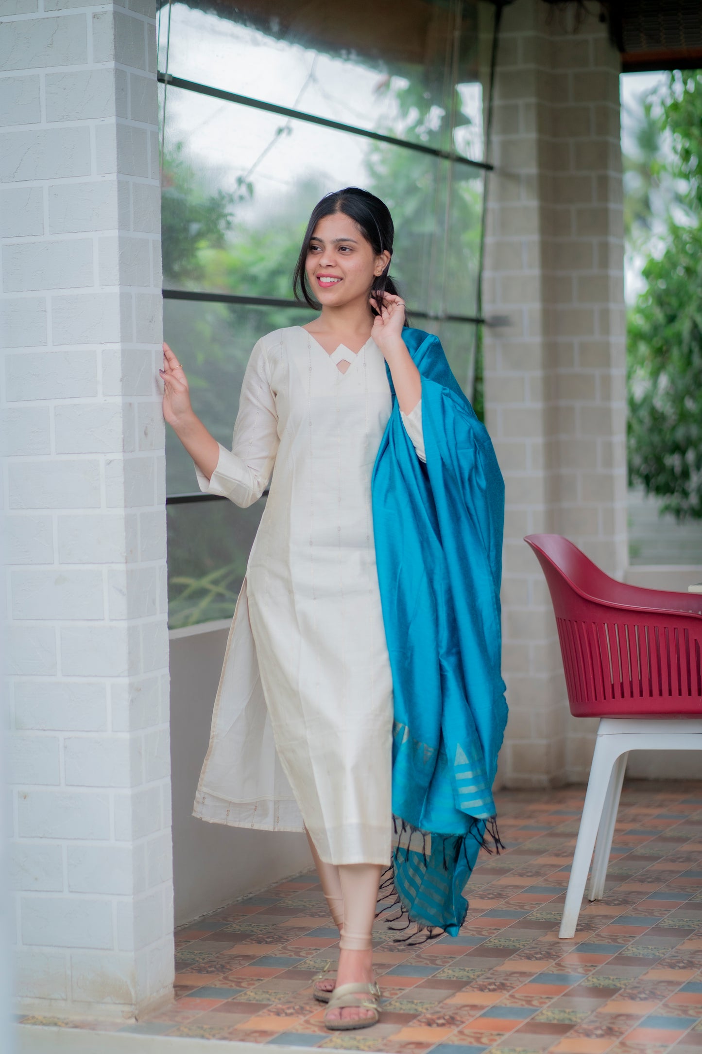 AA065 White with Golden Stripes Silk Kurti with Peacock Blue Dupatta