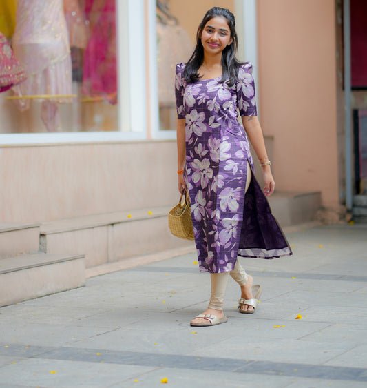 AA086 Purple Checks Floral Kurti