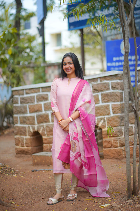 AA114 Pink Lotus Shimmer Silk Kurti With Dupatta