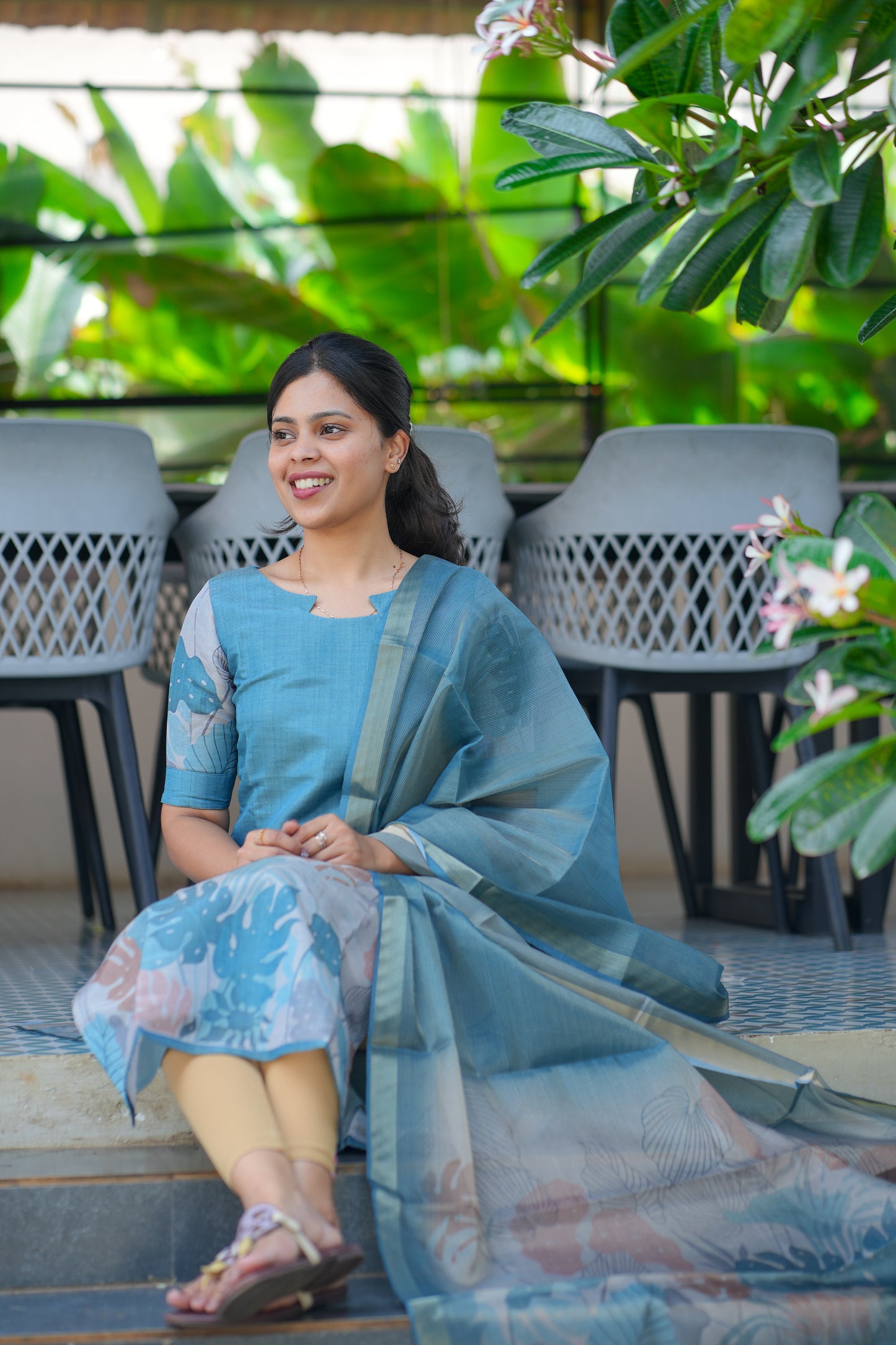 AA128 Teal Blue Tissue Kurti with Dupatta