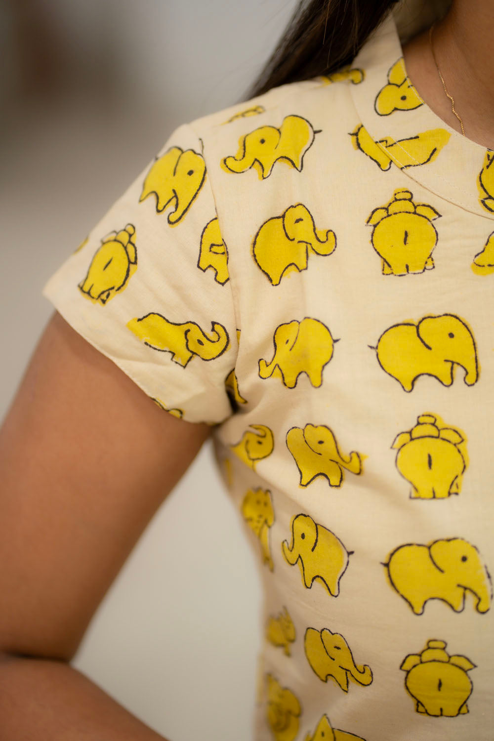 AA223 Beige Colour Yellow Elephant Print Cotton Aline Dress