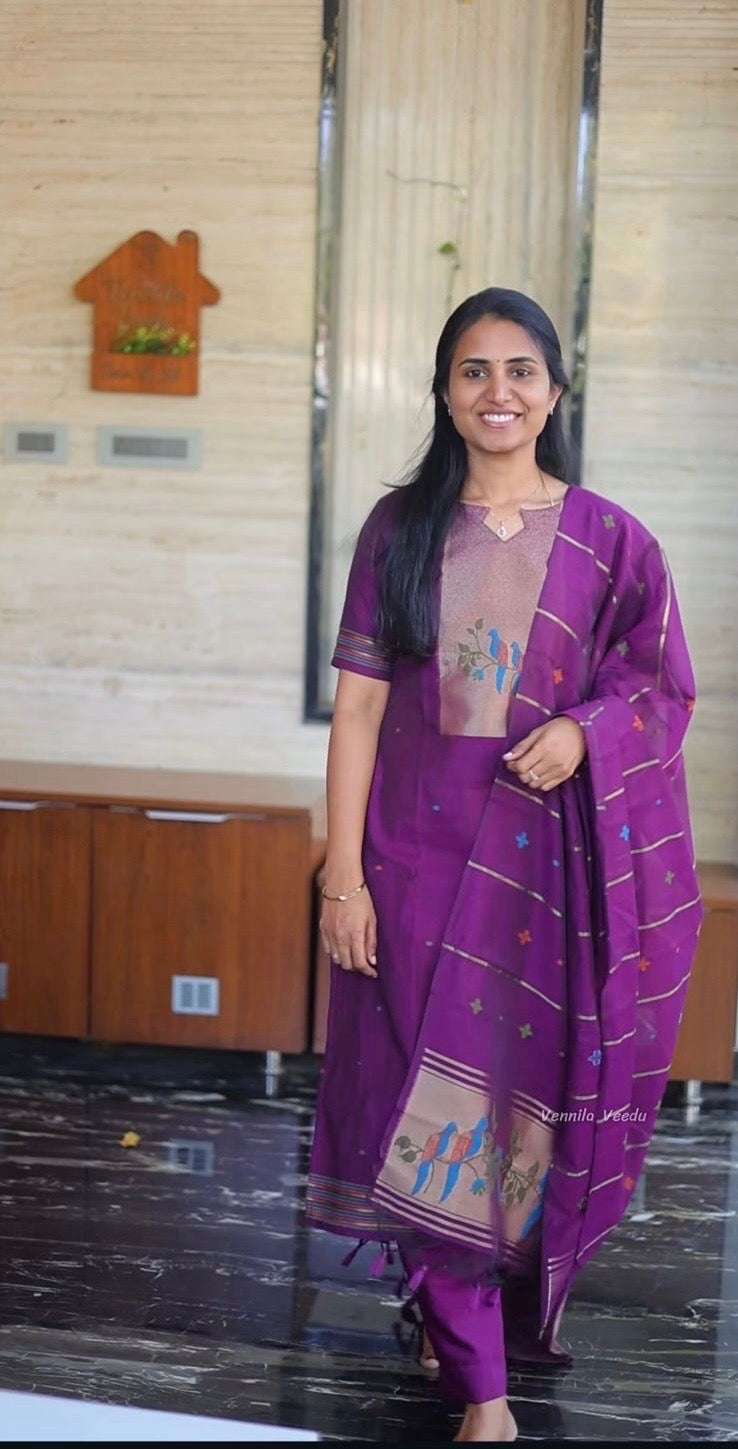 AA176 Purple Jamdhani Silk 3 Pc set
