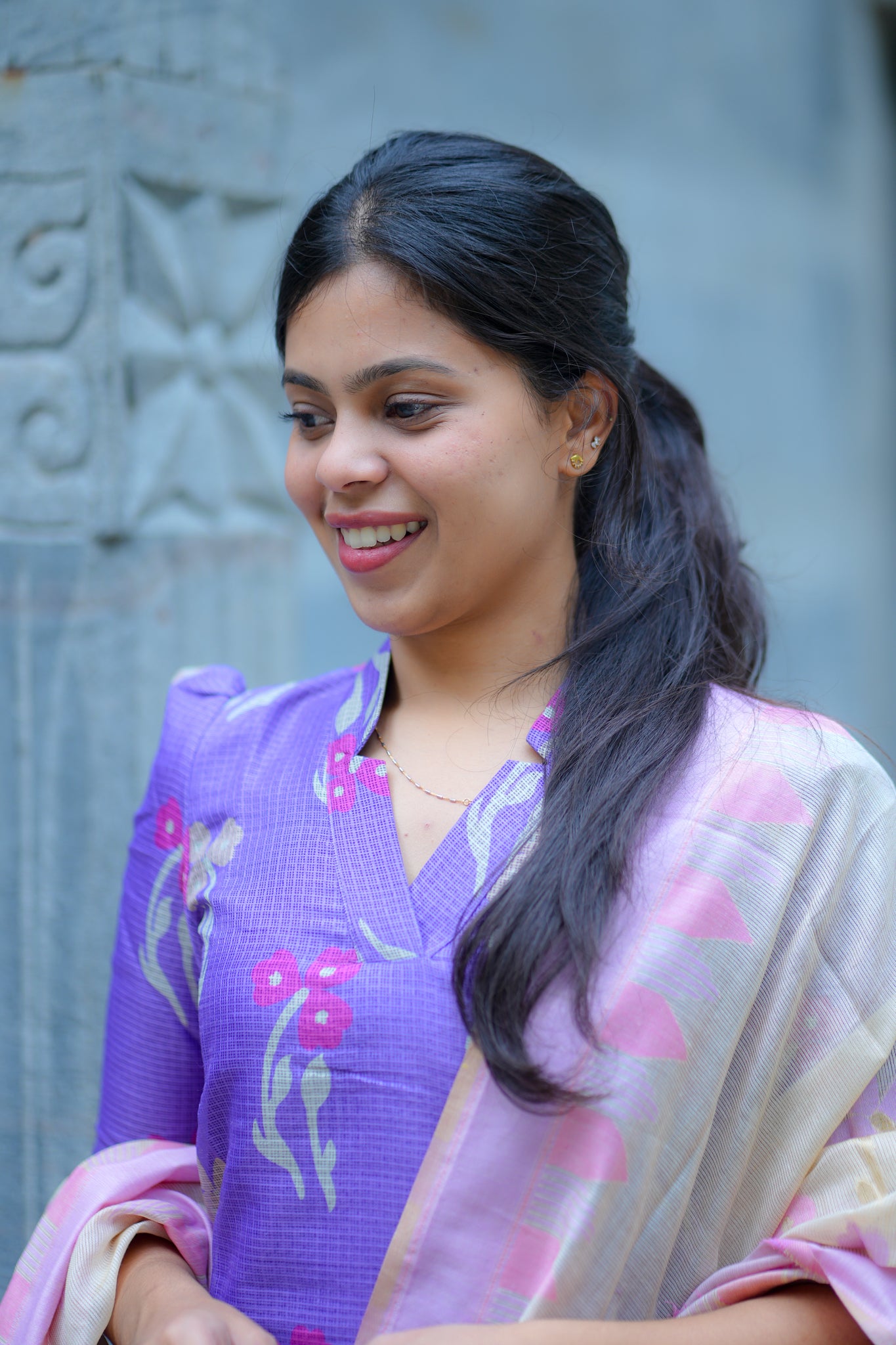 AA123 Lavender Kota Kurti with Lilac & Pink Jacquard Silk Dupatta